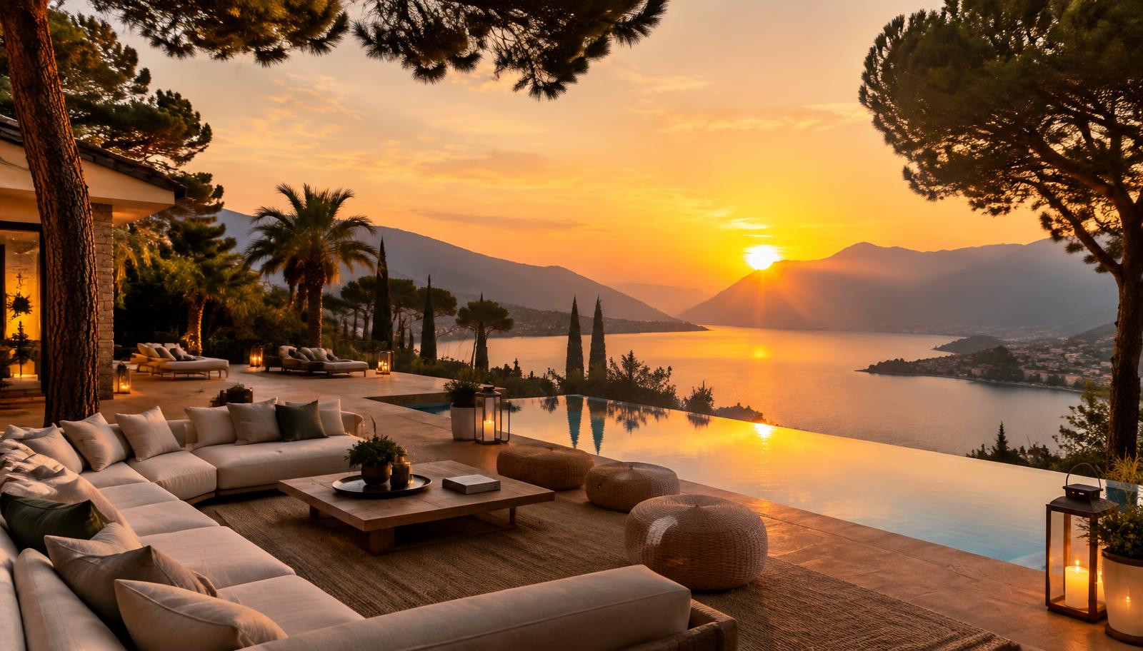Yorvish villa with pool at dusk